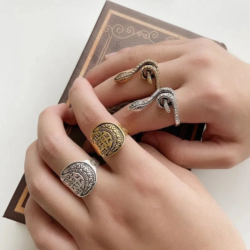 Intricate Coiled Snake Serpent Ancient Gold & CZ Diamonds Streetwear Ring NEW - Picture 6 of 8